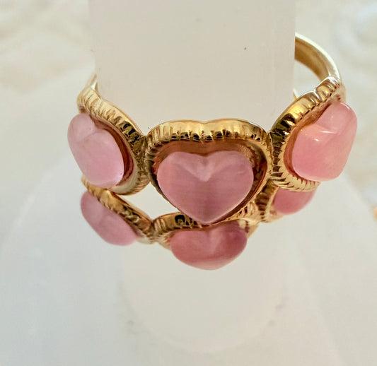 Pink Heart Cat Eye Stone Adjustable Gold-Plated Ring