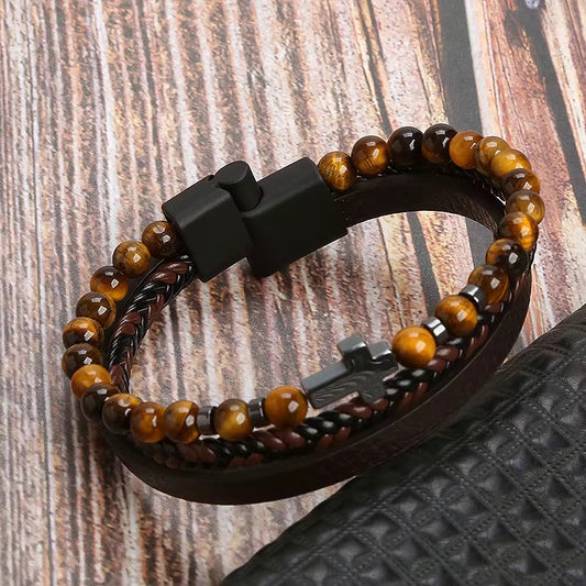 Tiger Eye, Hematite , Three Layers Leather Bracelets