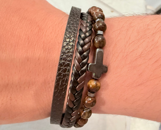 Tiger Eye, Hematite , Three Layers Leather Bracelets