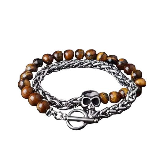 Tiger Eye, Skull , Stainless Steel , Adjustable Bracelets