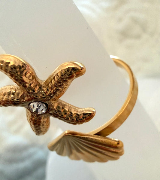 Star, Shell and a Zircon Gold Plated waterproof Adjustable Ring