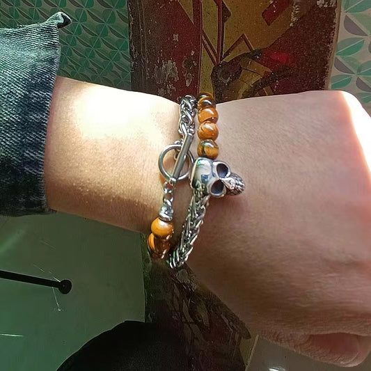 Tiger Eye, Skull , Stainless Steel , Adjustable Bracelets