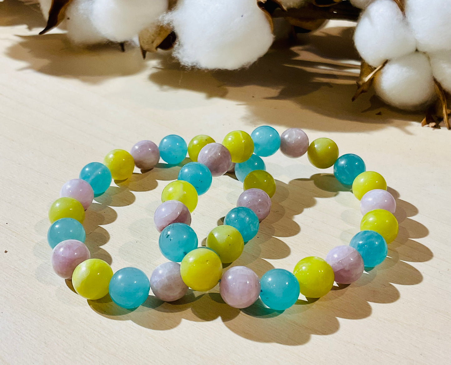 Three Gemstones Bracelets, Kunzite, Jade and Amazonite, 10mm