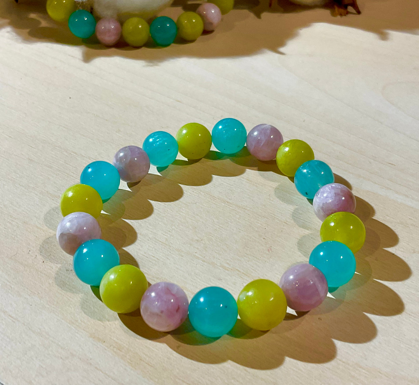 Three Gemstones Bracelets, Kunzite, Jade and Amazonite, 10mm