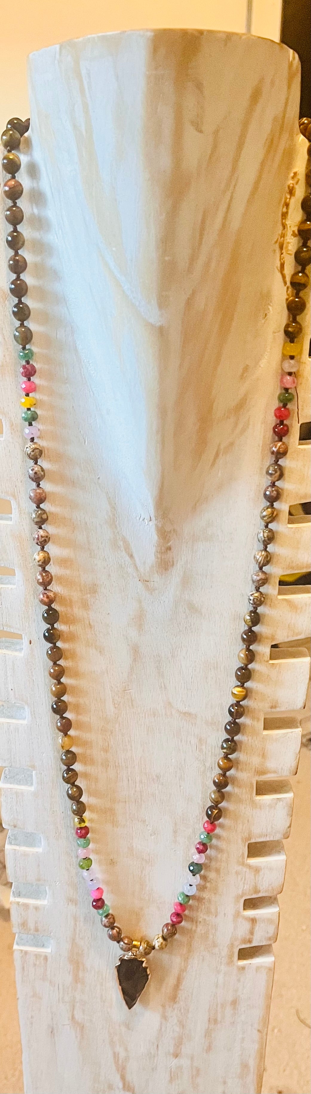 Tiger Eye and Rainbow Tourmaline Knotted 108 Mala