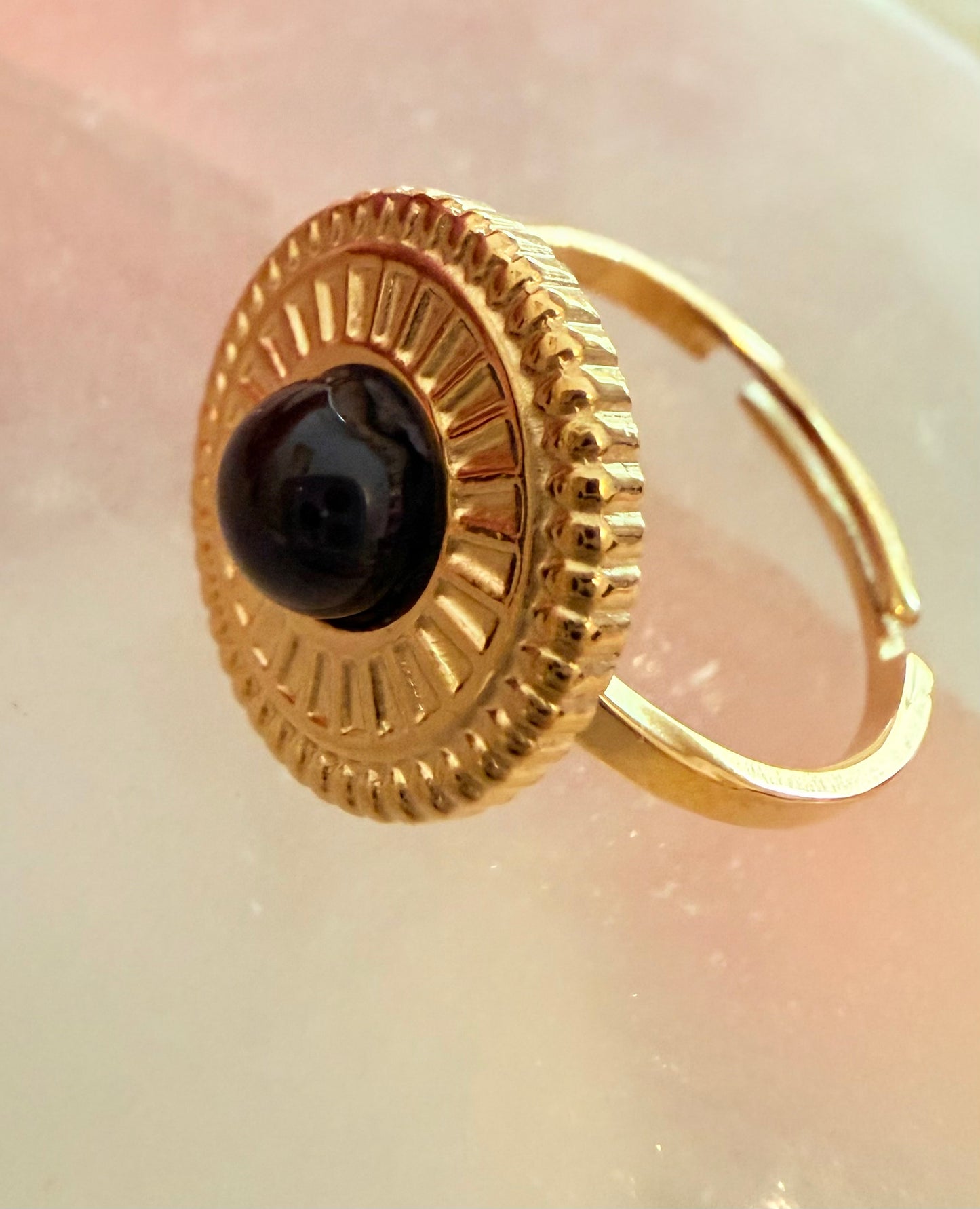Black Obsidian 18k Gold Plated Adjustable Ring