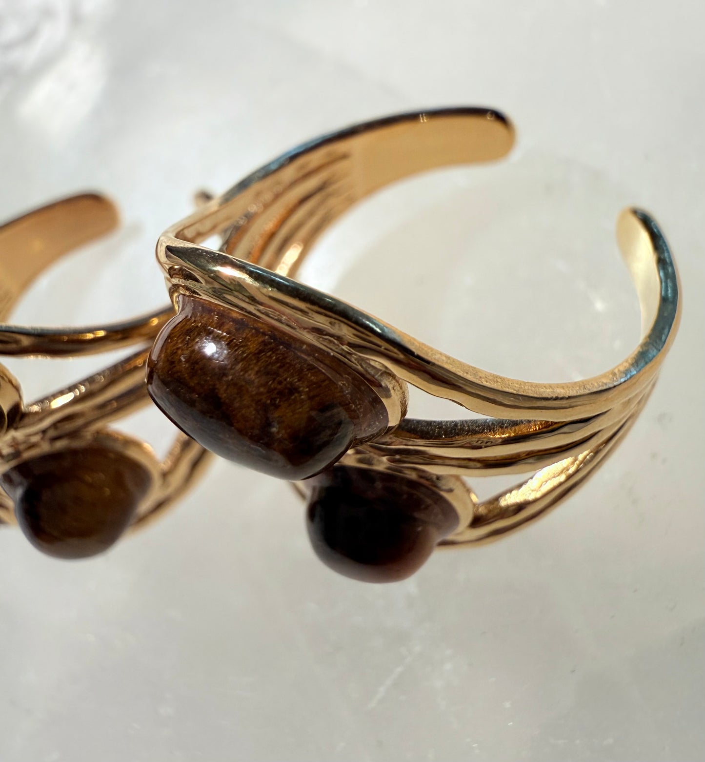 Three Natural Tiger Stones Gold Plated Waterproof Adjustable Rings
