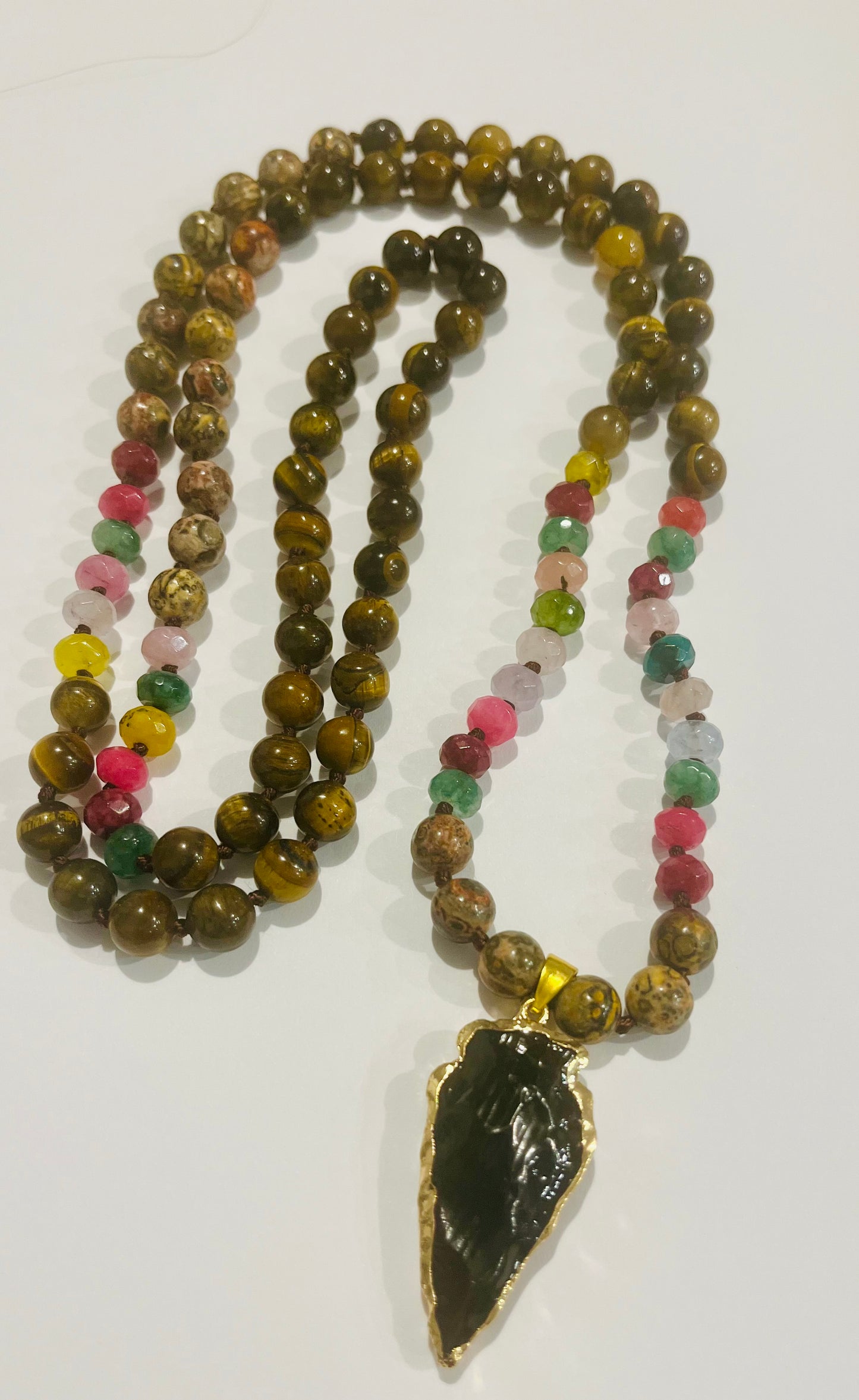 Tiger Eye and Rainbow Tourmaline Knotted 108 Mala