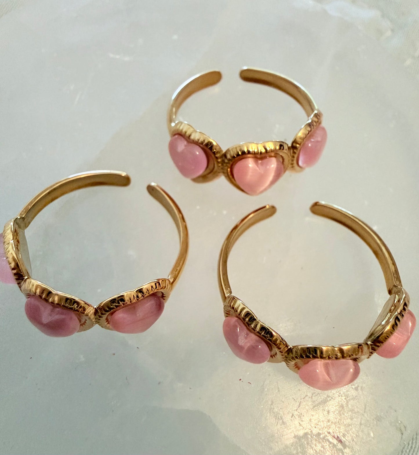 Pink Heart Cat Eye Stone Adjustable Gold-Plated Ring