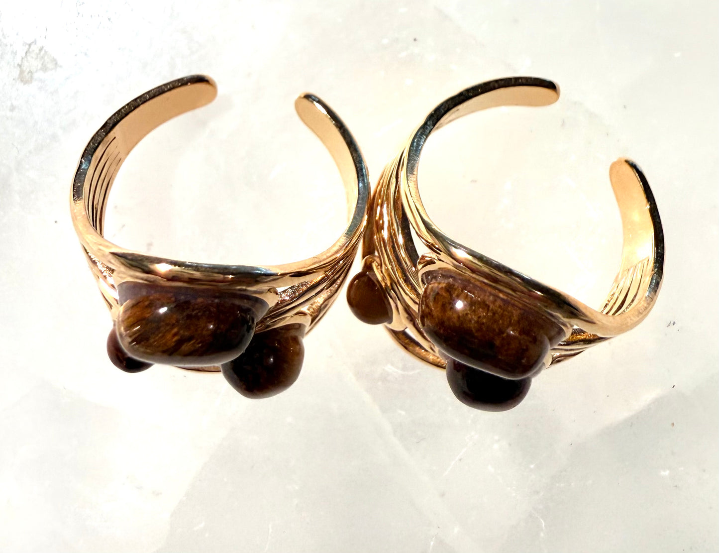 Three Natural Tiger Stones Gold Plated Waterproof Adjustable Rings