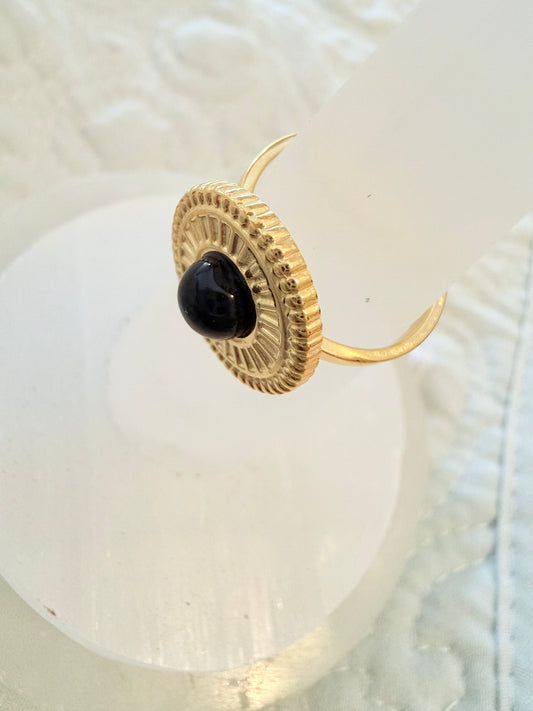 Black Obsidian 18k Gold Plated Adjustable Ring