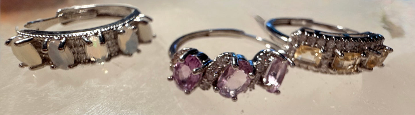 Gemstones and Zircons Silver Plated Rings, Opalite, Amethyst and Citrine