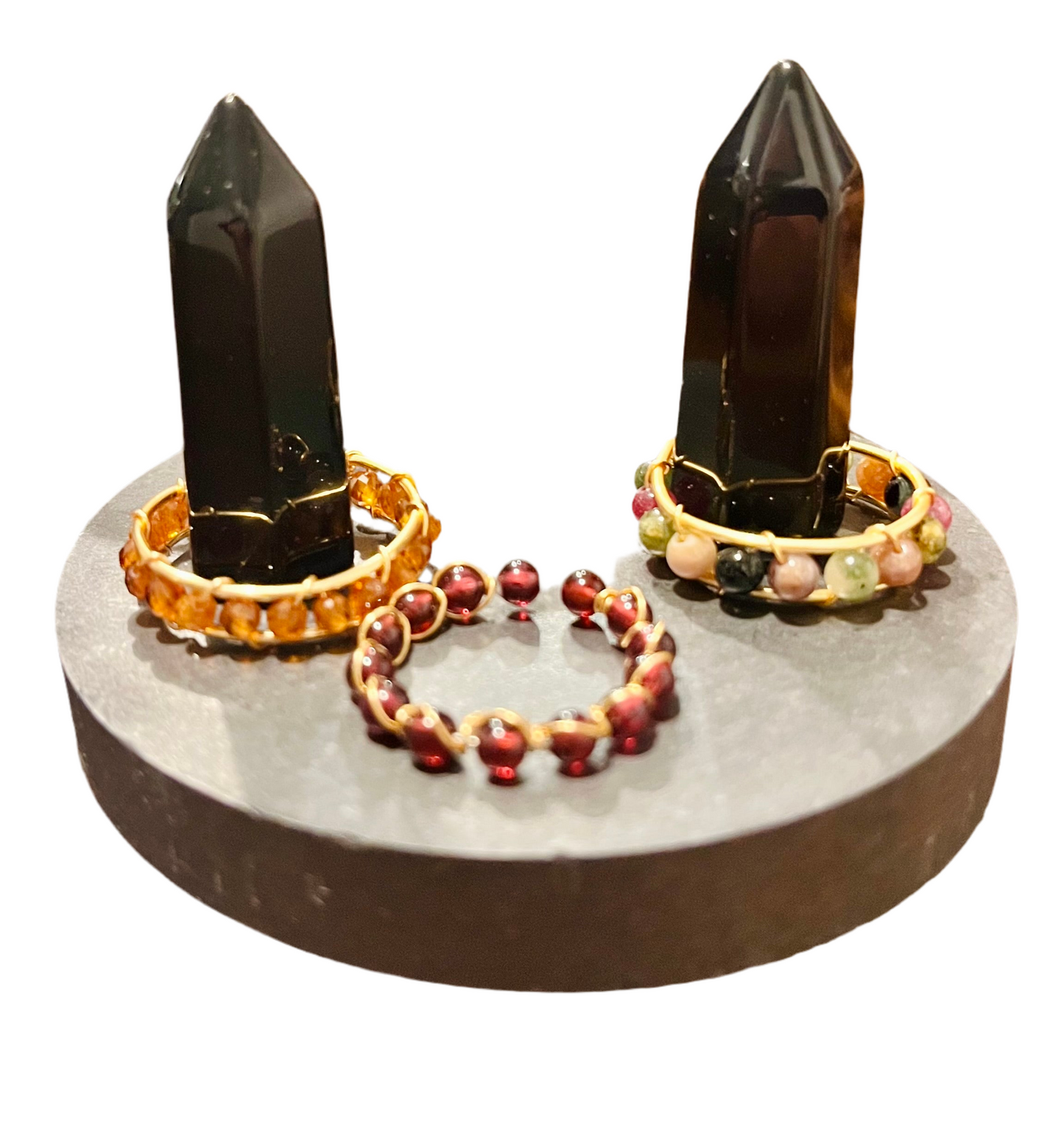 Gemstones Beads Adjustable Rings, Garnet and Tourmaline