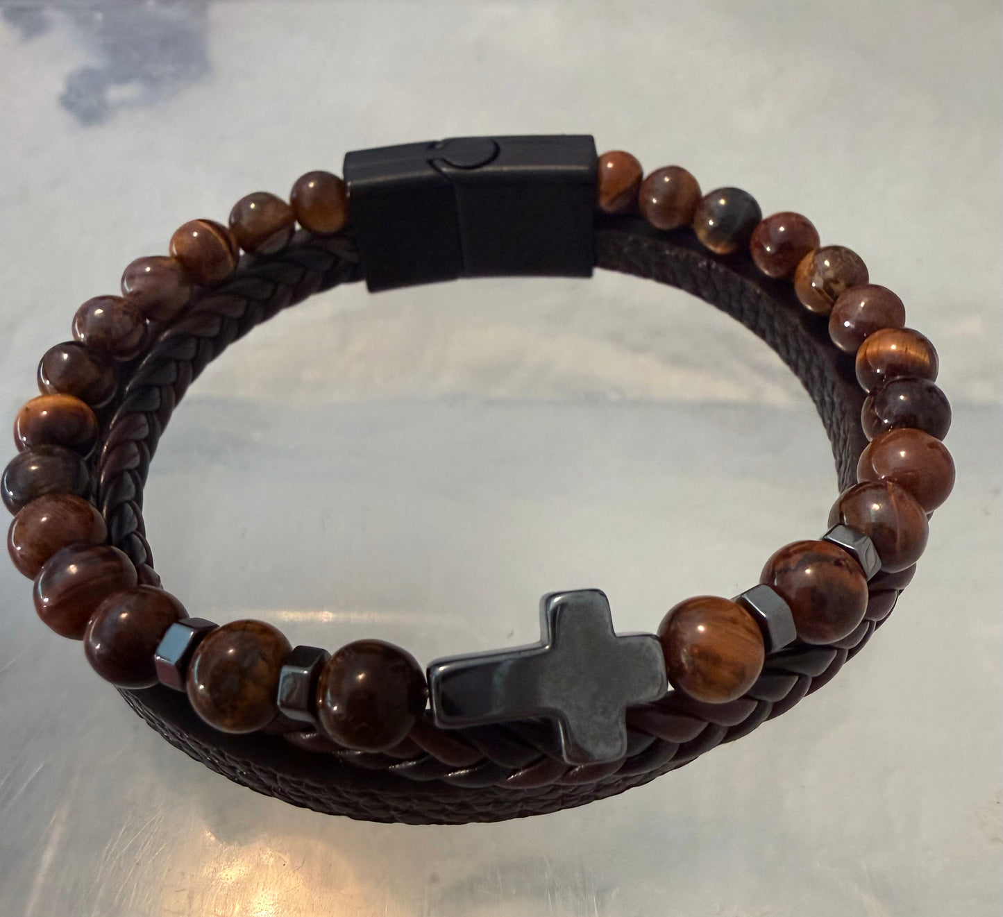 Tiger Eye, Hematite , Three Layers Leather Bracelets