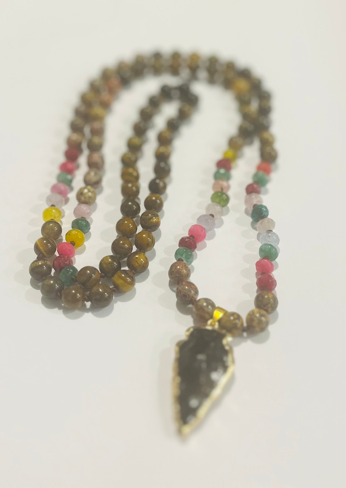 Tiger Eye and Rainbow Tourmaline Knotted 108 Mala