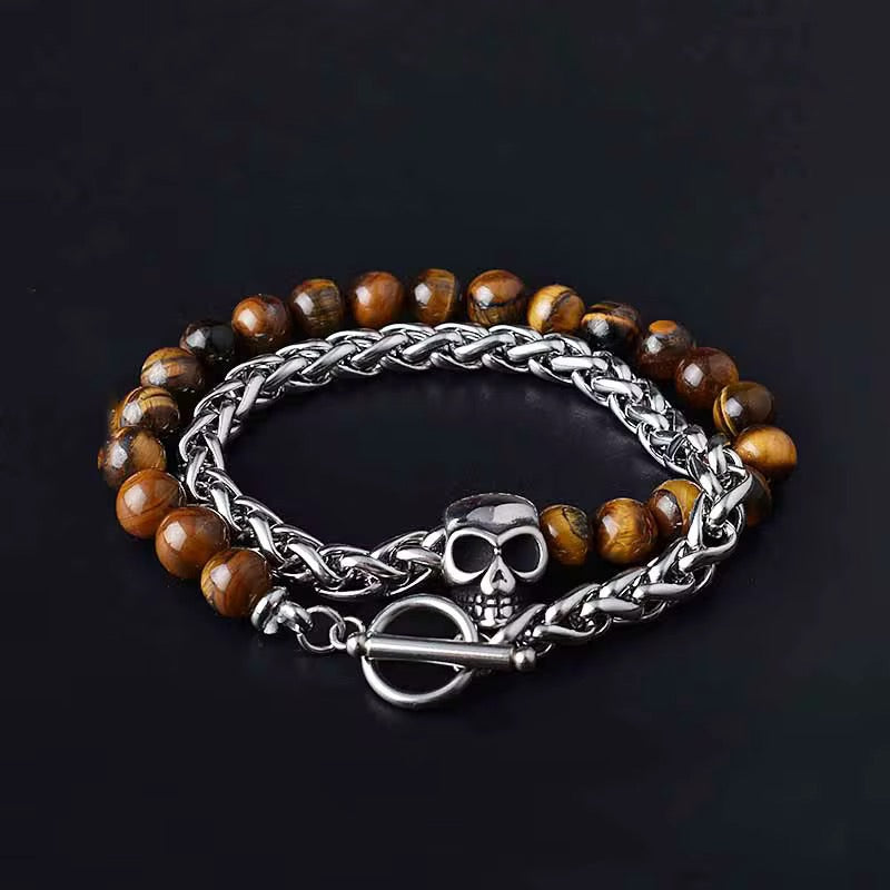 Tiger Eye, Skull , Stainless Steel , Adjustable Bracelets