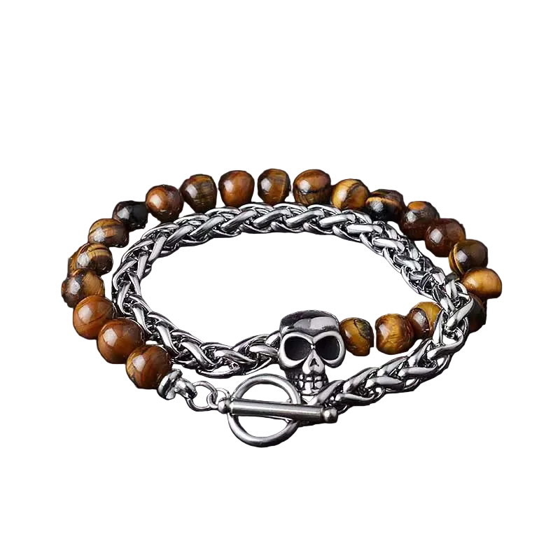 Tiger Eye, Skull , Stainless Steel , Adjustable Bracelets