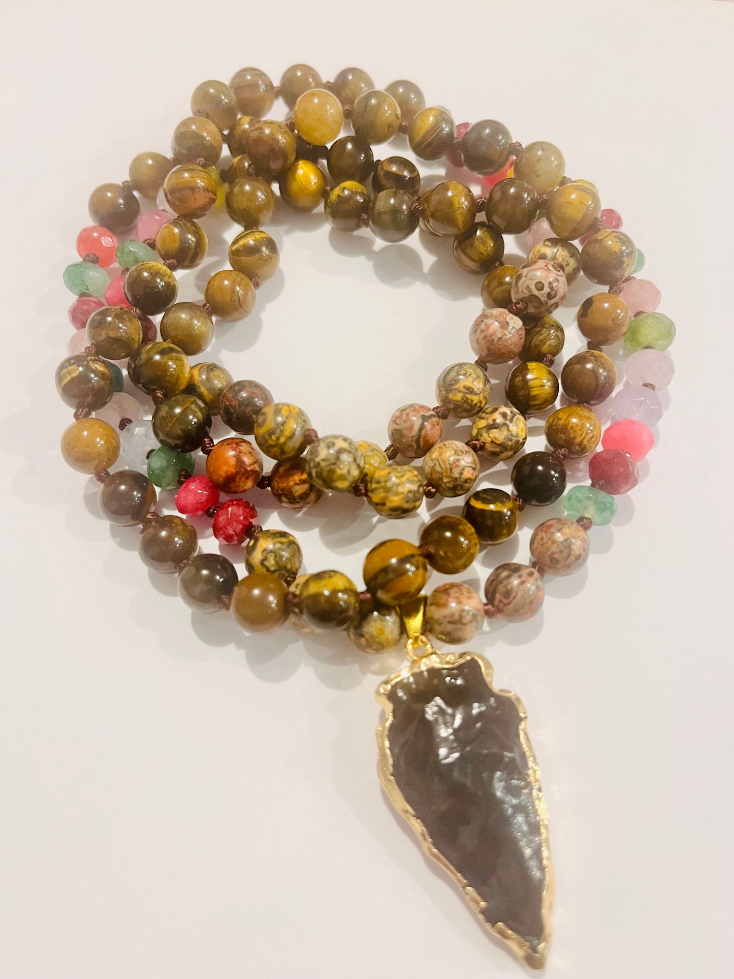 Tiger Eye and Rainbow Tourmaline Knotted 108 Mala