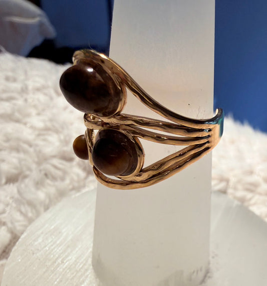 Three Natural Tiger Stones Gold Plated Waterproof Adjustable Rings