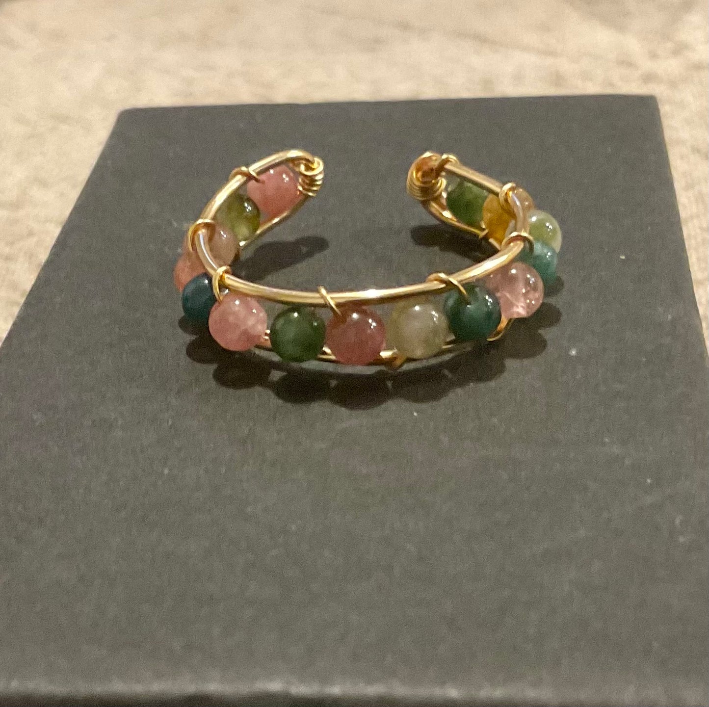 Gemstones Beads Adjustable Rings, Garnet and Tourmaline