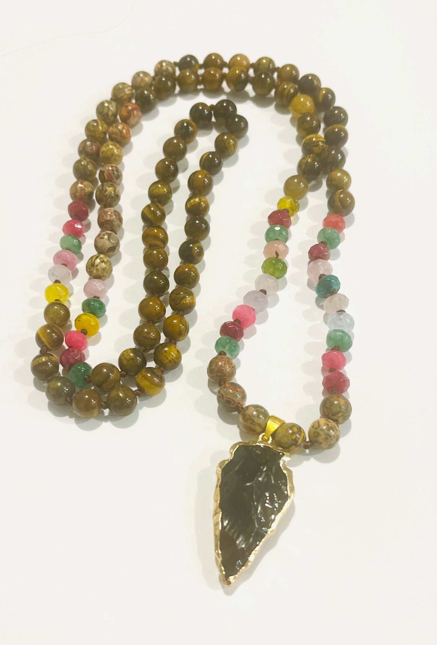 Tiger Eye and Rainbow Tourmaline Knotted 108 Mala