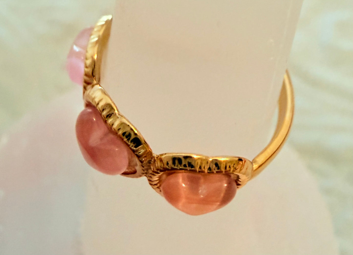 Pink Heart Cat Eye Stone Adjustable Gold-Plated Ring