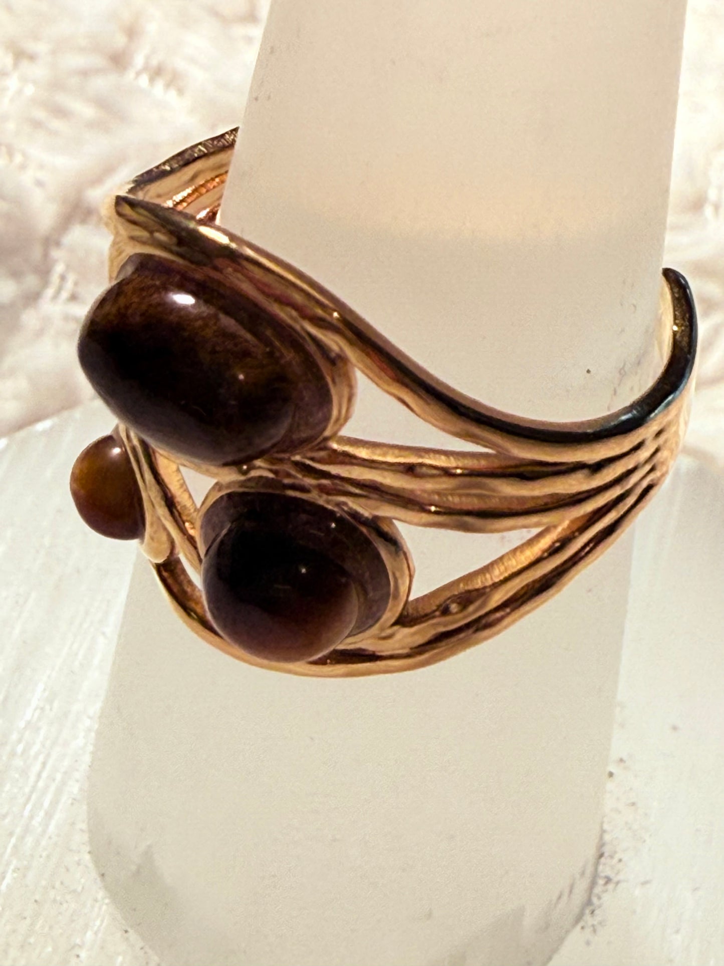 Three Natural Tiger Stones Gold Plated Waterproof Adjustable Rings