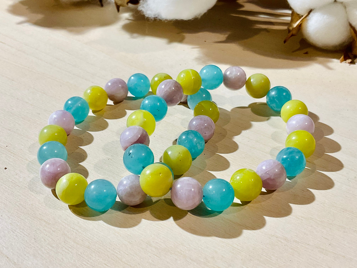 Three Gemstones Bracelets, Kunzite, Jade and Amazonite, 10mm