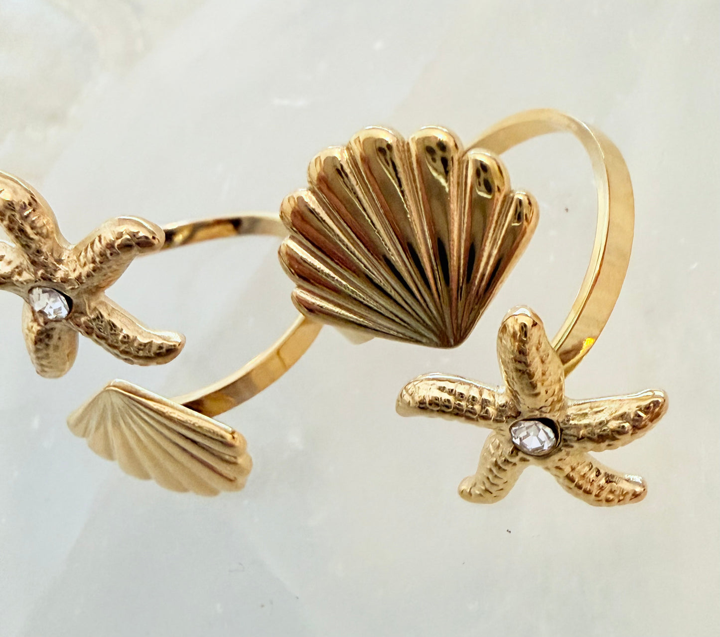 Star,  Shell and a Zircon Gold Plated waterproof Adjustable Ring