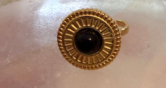 Black Obsidian 18k Gold Plated Adjustable Ring