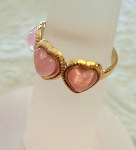 Pink Heart Cat Eye Stone Adjustable Gold-Plated Ring