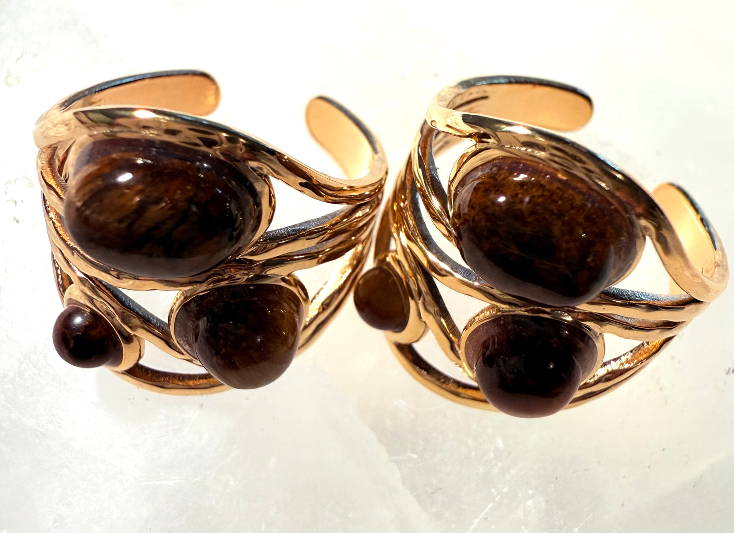 Three Natural Tiger Stones Gold Plated Waterproof Adjustable Rings