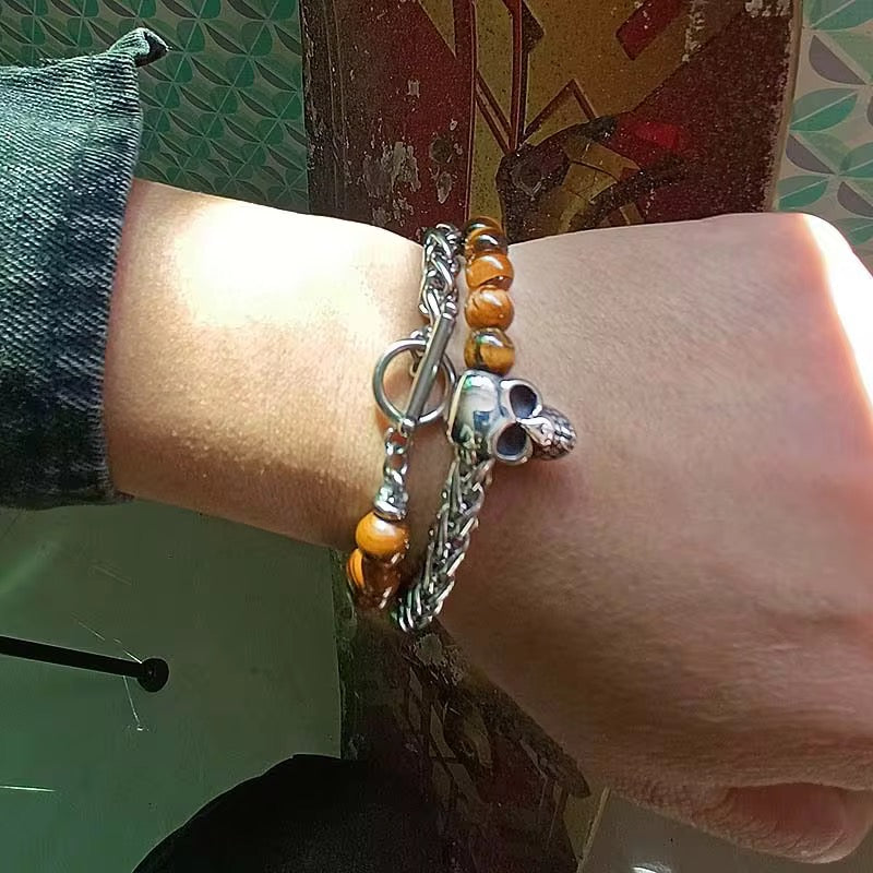 Tiger Eye, Skull , Stainless Steel , Adjustable Bracelets