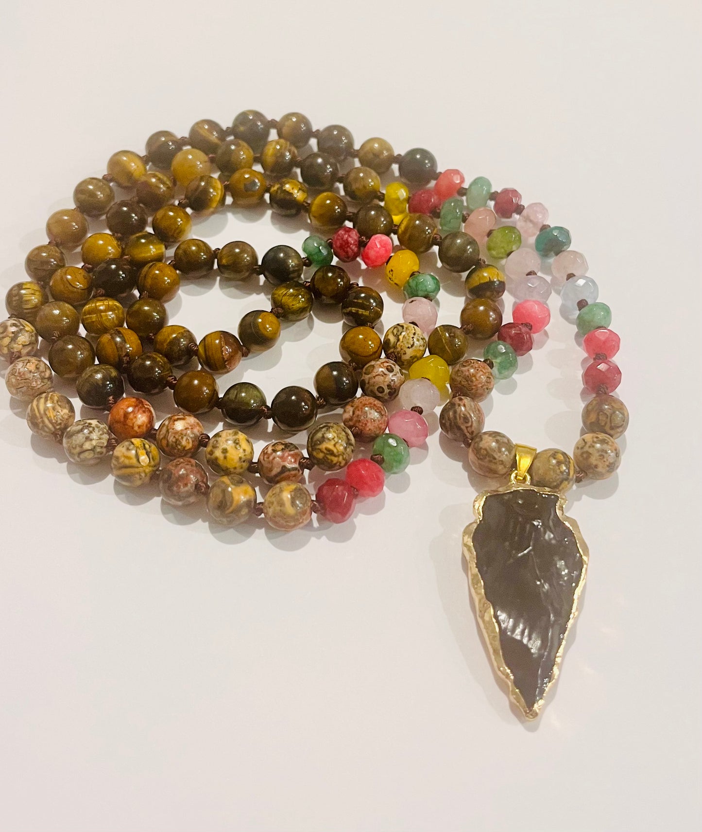 Tiger Eye and Rainbow Tourmaline Knotted 108 Mala