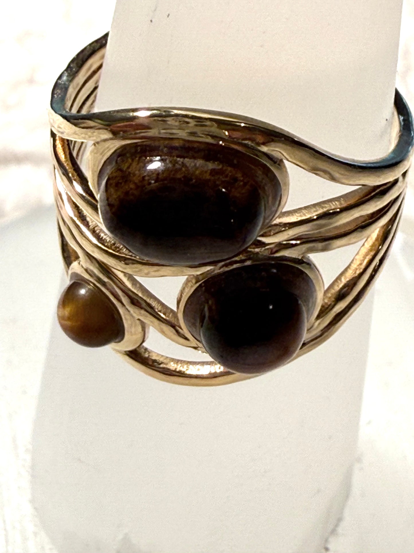 Three Natural Tiger Stones Gold Plated Waterproof Adjustable Rings
