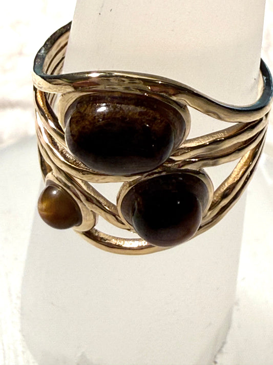 Three Natural Tiger Stones Gold Plated Waterproof Adjustable Rings