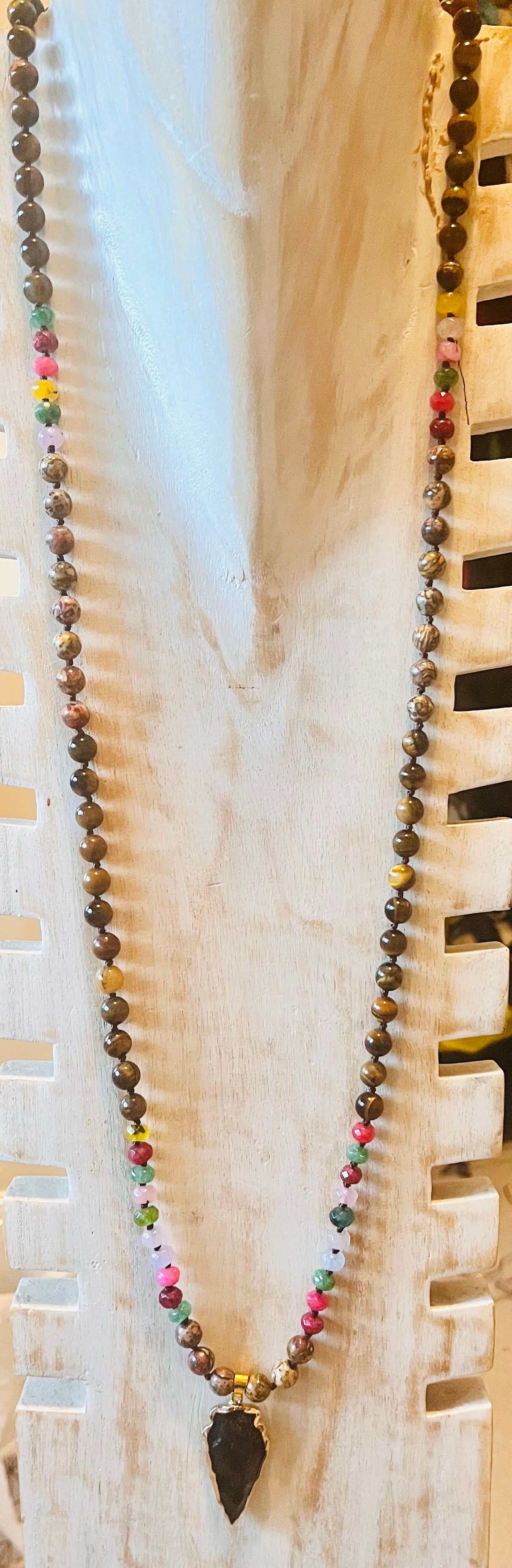 Tiger Eye and Rainbow Tourmaline Knotted 108 Mala