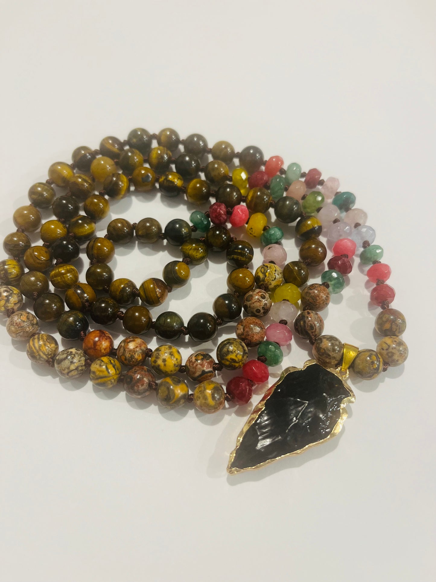 Tiger Eye and Rainbow Tourmaline Knotted 108 Mala