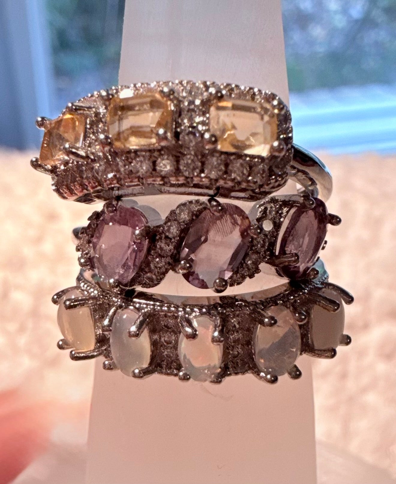 Gemstones and Zircons Silver Plated Rings, Opalite, Amethyst and Citrine