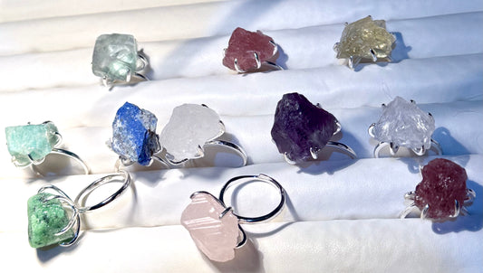 Raw Gemstones Adjustable Rings, Stainless Steel