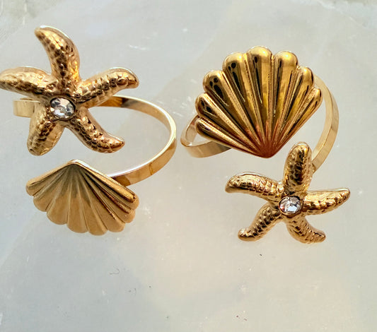 Star,  Shell and a Zircon Gold Plated waterproof Adjustable Ring