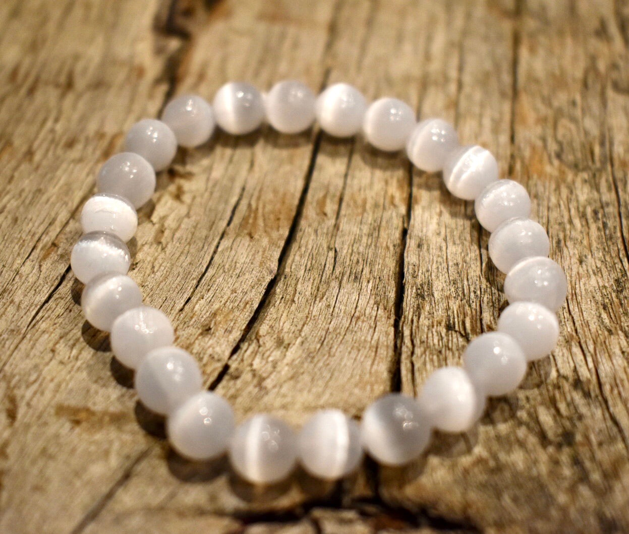 Natural WHITE SELENITE Single Stone Bracelet - grade A, 8mm Smooth Round Bead