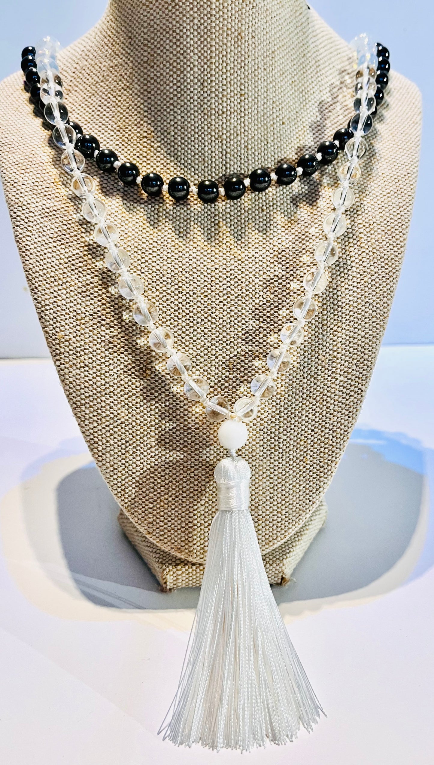 Clear Quartz,Hematite, Opalite and Black Labradorite Tassel Mala Bead