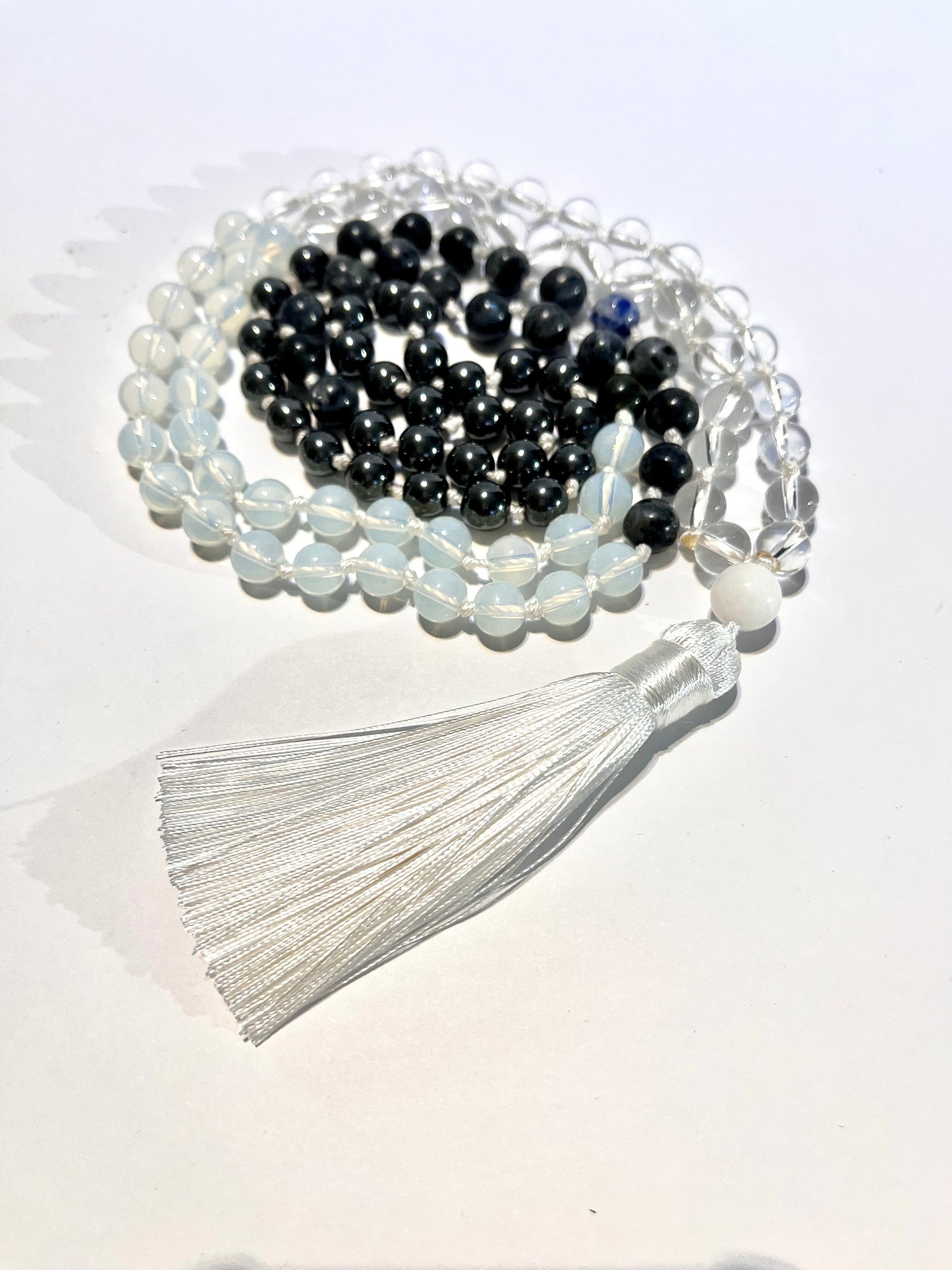 Clear Quartz,Hematite, Opalite and Black Labradorite Tassel Mala Bead