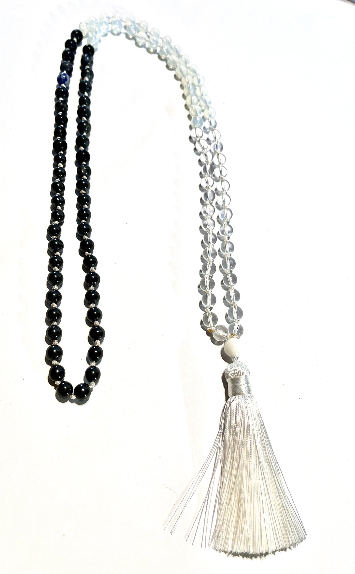 Clear Quartz,Hematite, Opalite and Black Labradorite Tassel Mala Bead