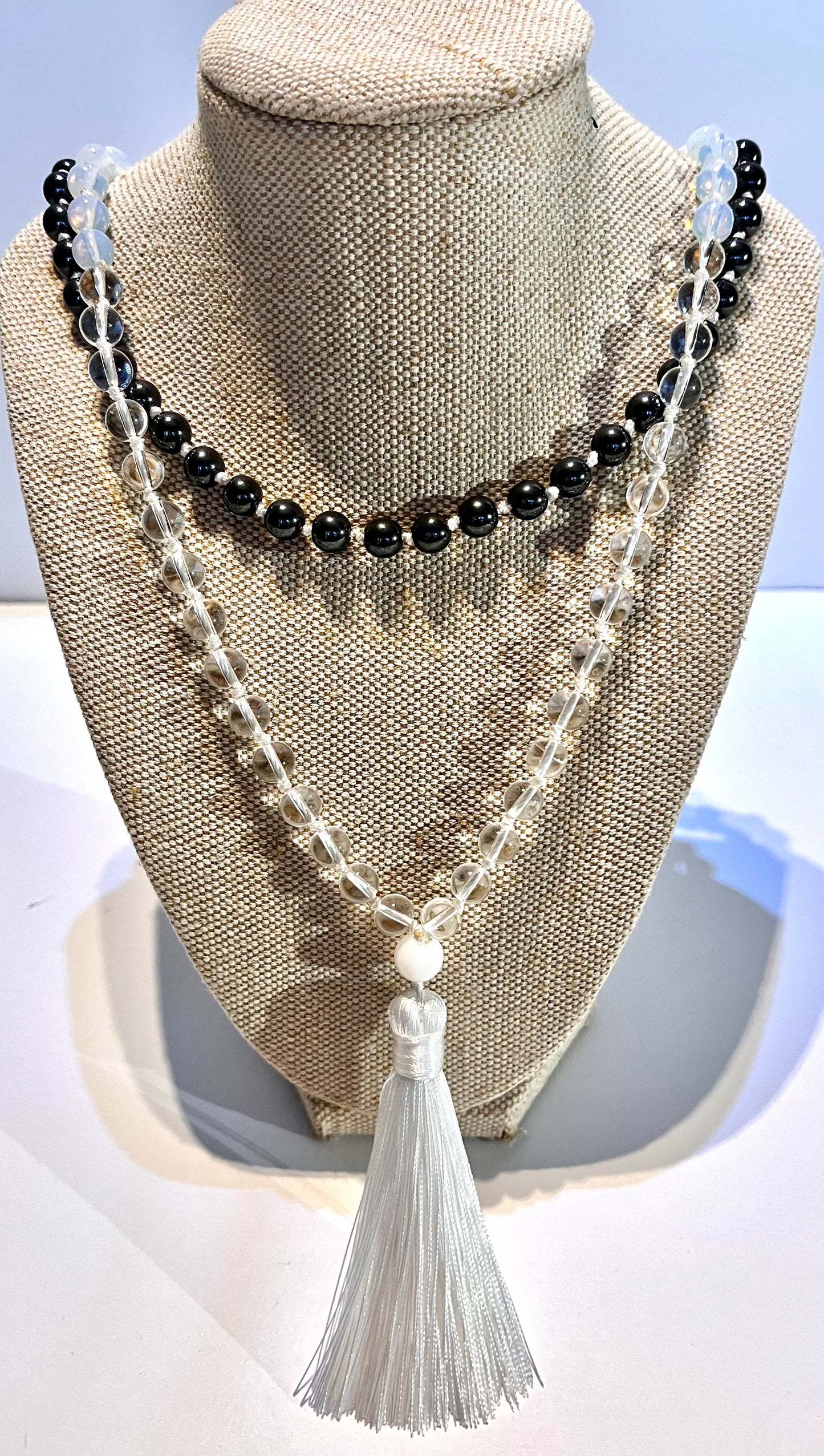 Clear Quartz,Hematite, Opalite and Black Labradorite Tassel Mala Bead