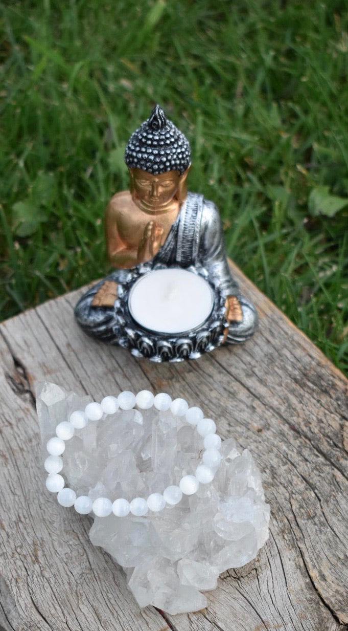 Natural WHITE SELENITE Single Stone Bracelet - grade A, 8mm Smooth Round Bead