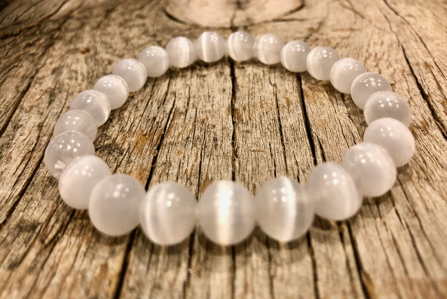 Natural WHITE SELENITE Single Stone Bracelet - grade A, 8mm Smooth Round Bead