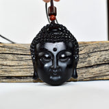 UNISEX NATURAL BLACK OBSIDIAN BUDDHA HEAD PENDANT NECKLACE