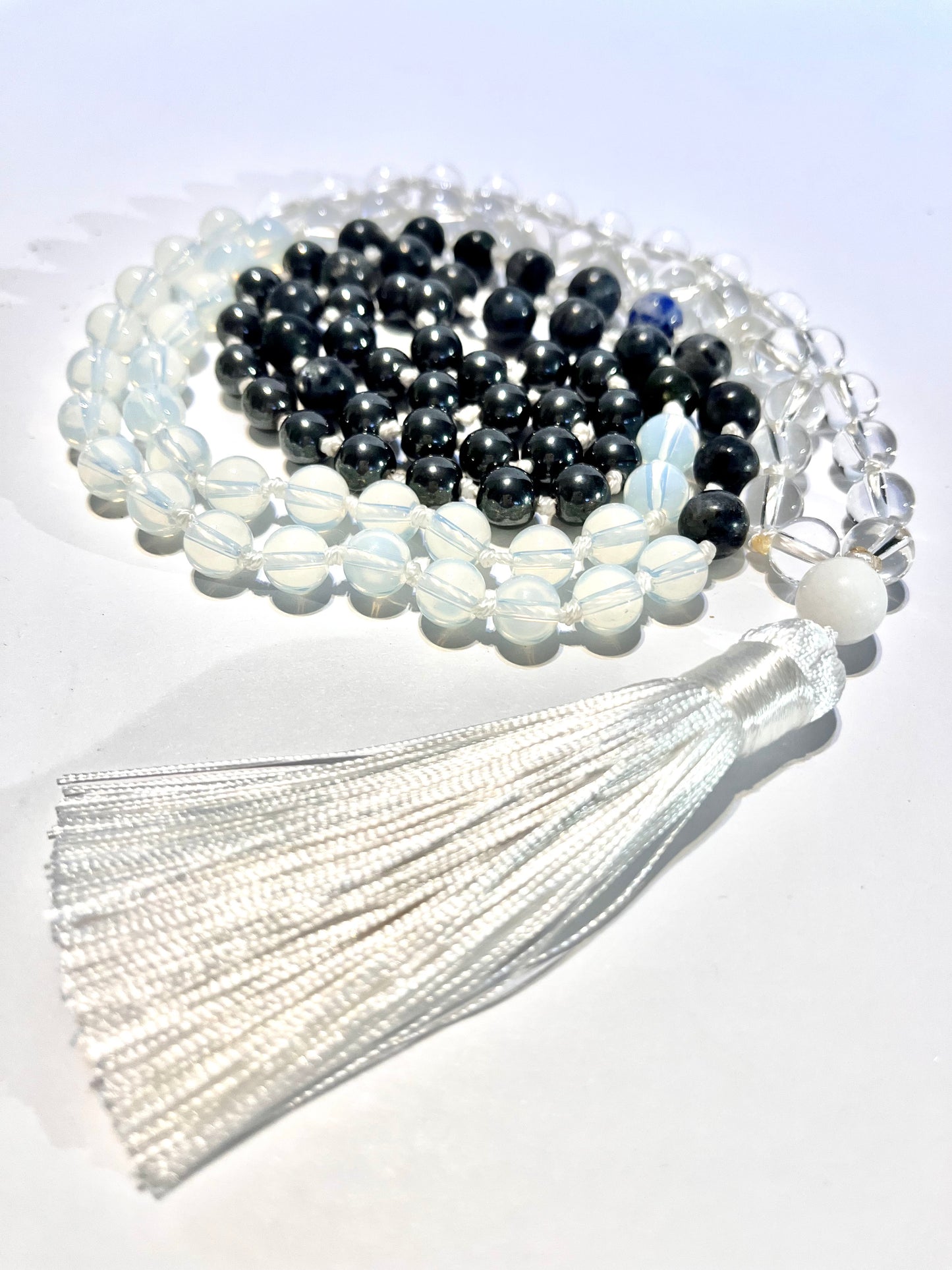 Clear Quartz,Hematite, Opalite and Black Labradorite Tassel Mala Bead